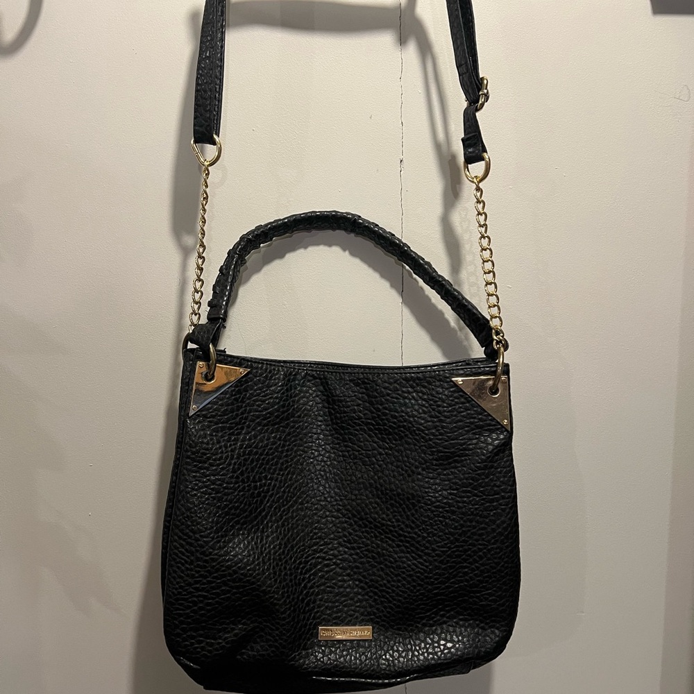 Black Textured Leather Shoulder Bag